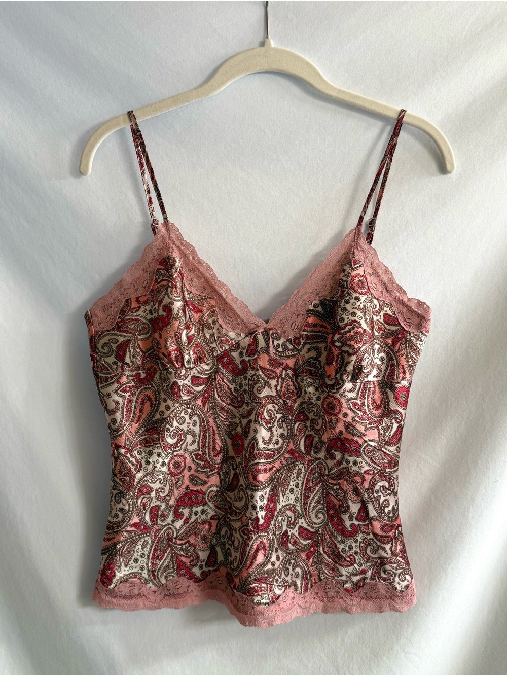 Y2K Pink Paisley Satin Lace Trim Cami
